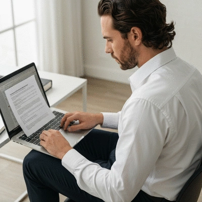 Person using a laptop to review mortgage documents, representing informed decision-making