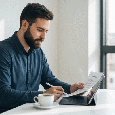 Person reviewing mortgage documents on a tablet with a pen and coffee