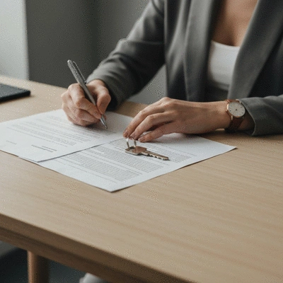 Homeowner signing mortgage documents at a table with a key on top