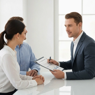 A financial advisor meeting with a couple, reviewing documents and discussing mortgage refinancing options, modern office setting, no text, no words, no typography, clean image