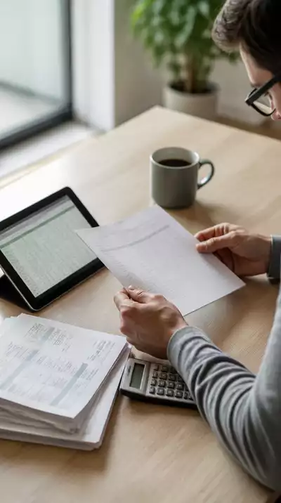 Person reviewing financial documents, a stack of bills, and a budget spreadsheet on a tablet, symbolizing financial planning for a mortgage