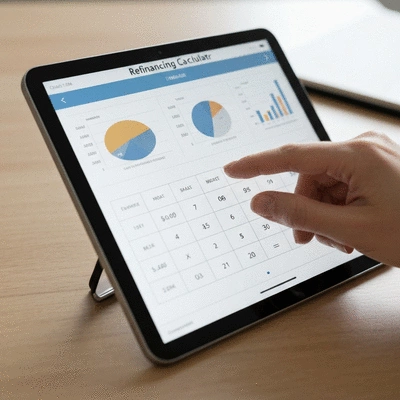 Close-up of a hand interacting with a refinancing calculator on a tablet screen, showing numbers and charts, no text, no words, no typography, clean image