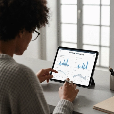 Person calculating mortgage refinancing costs on a tablet, with graphs and numbers on screen