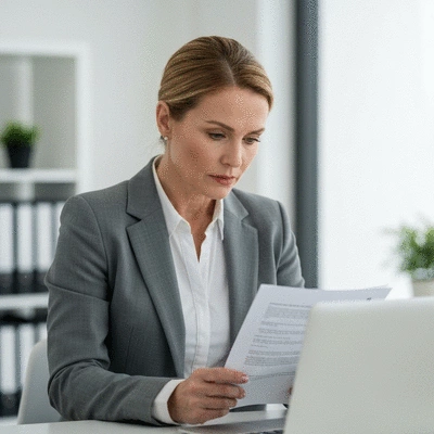 Person reviewing jumbo loan documents on a laptop with a modern office background