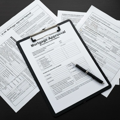 Detailed mortgage approval checklist on a clipboard with a pen, surrounded by financial documents, no text, no words, no typography, 8K, clean image