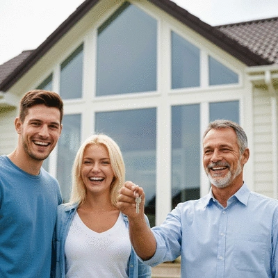Happy couple receiving keys to their new home from a real estate agent