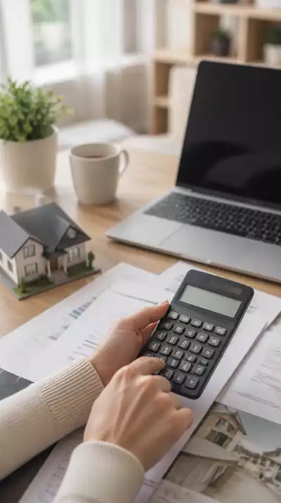 Person using a calculator to determine their DTI, with mortgage documents and a laptop in the background, a financial literacy concept