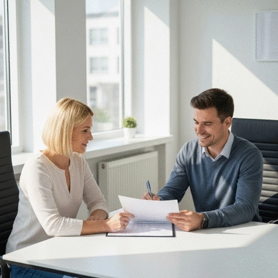 Couple discussing documents with a mortgage professional in a modern office