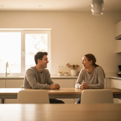 Couple discussing mortgage documents at home, no text, no words, no typography, 8K, clean image