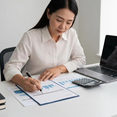 Person reviewing financial documents, calculator, and laptop on a desk