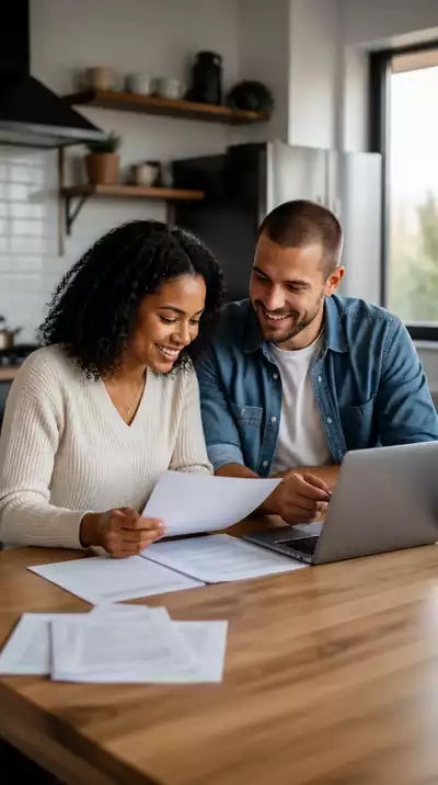 Couple reviewing mortgage documents at home