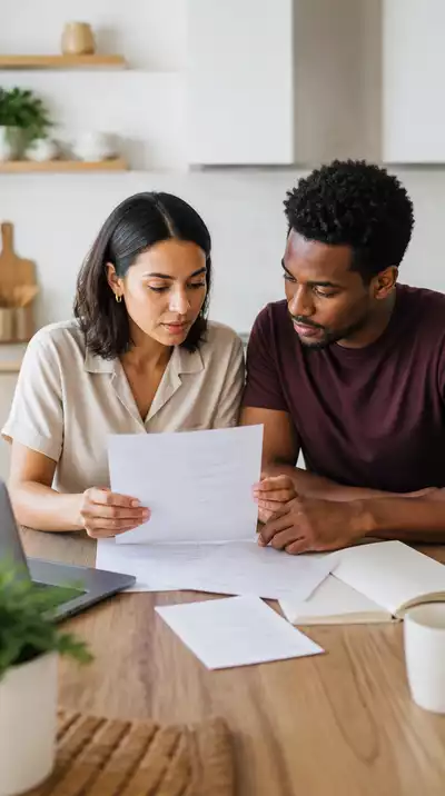 Diverse couple discussing financial documents at a modern kitchen table