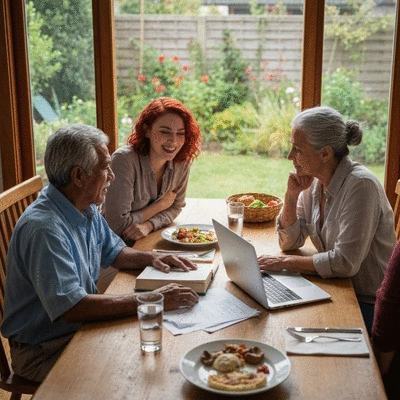 Family discussing home finances at a table