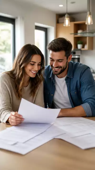 Happy couple reviewing mortgage documents at home