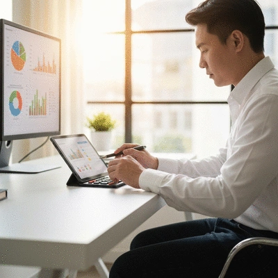 Person calculating mortgage down payment on a tablet with financial charts in the background
