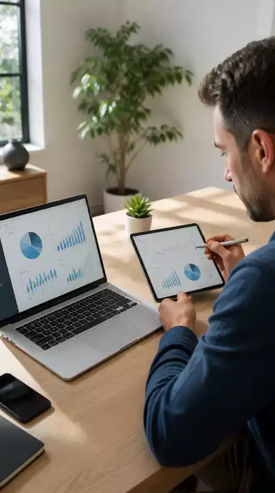 Person reviewing financial documents and graphs on a laptop and tablet, representing financial planning.