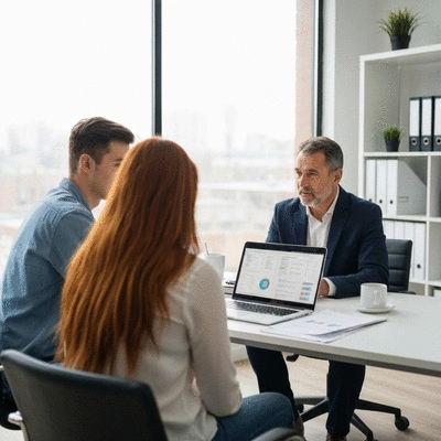 Mortgage broker discussing options with a couple, professional setting
