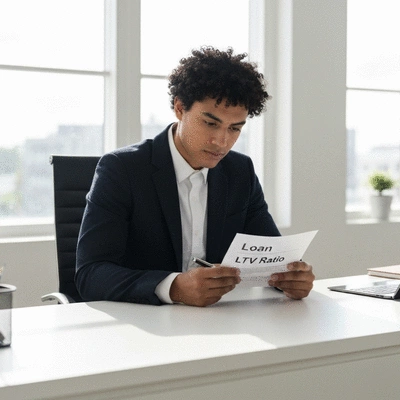 Person reviewing loan documents on a tablet, focusing on LTV ratio, light and airy office setting, no text, no words, no typography, 8K