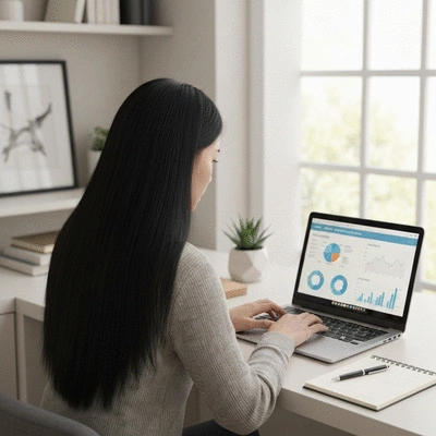 Person using a laptop to research mortgage options, with a notepad and pen nearby, clean and modern setting