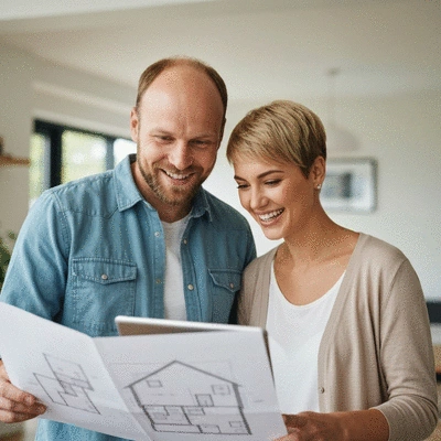 Couple looking at house plans on a tablet, happy and hopeful