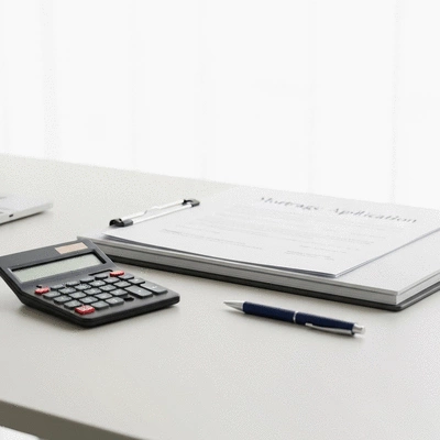 Mortgage application documents on a modern desk with a calculator and pen