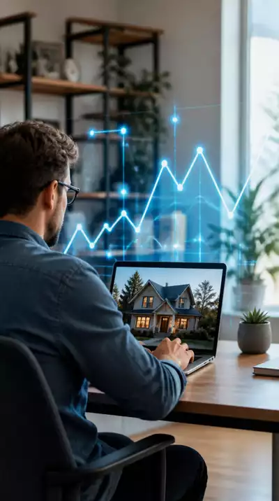 Person using a laptop to research mortgage rates, with a graph overlay