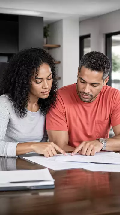 Couple reviewing joint mortgage agreement documents at home