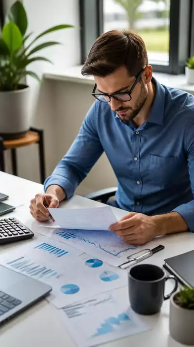 Person reviewing financial documents and graphs with a calculator on a desk, representing mortgage approval preparation
