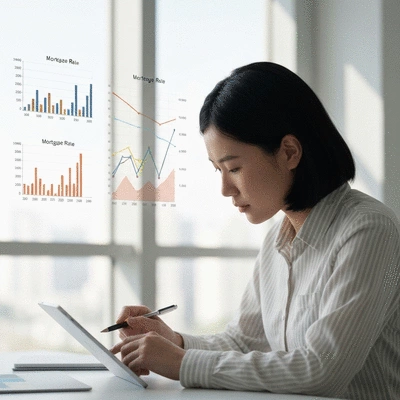 Person analyzing financial charts on a tablet, representing mortgage rate trends