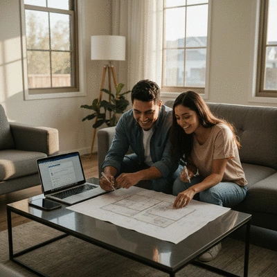 Happy couple looking at house plans, symbolizing affordable homeownership
