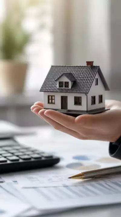 Hand holding a small house model with financial documents in background