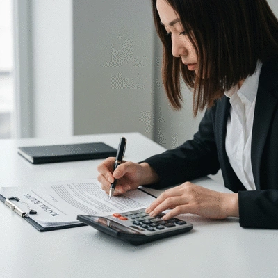 Person reviewing mortgage documents with a calculator and pen