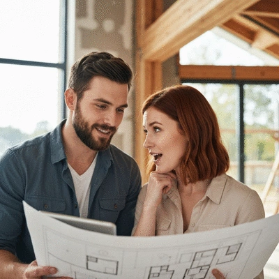 Couple discussing home renovation plans inside a modern home