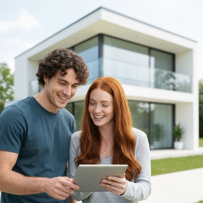 Couple looking at a tablet together, smiling, with a house in the background, symbolizing successful mortgage planning