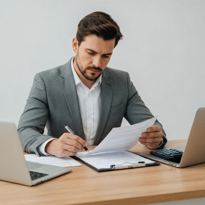 Person reviewing mortgage documents at a table, calculator and laptop present