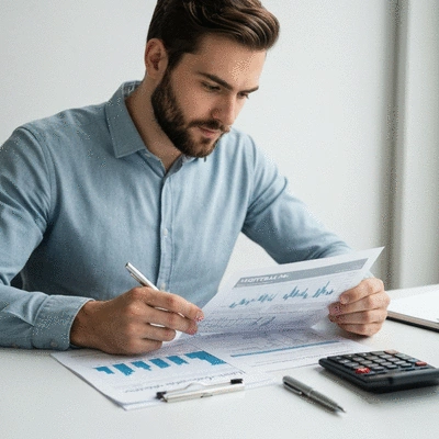 Person reviewing financial documents and a mortgage application, calculator and pen on table