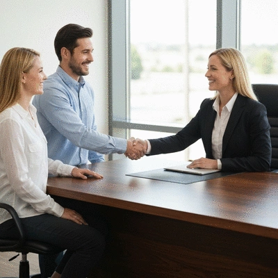 Couple shaking hands with a loan officer across a desk, signifying loan approval, bright and professional setting, no text, no words, no typography, clean image