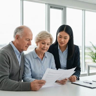 Veteran couple reviewing home loan documents with a mortgage specialist