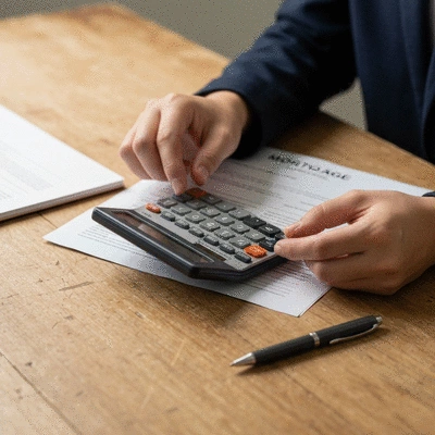 Close-up of hands holding a calculator and mortgage documents, showing financial planning
