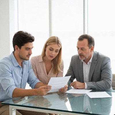 Couple reviewing closing documents at a table with a financial advisor