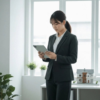 Person reviewing FHA loan documents on a tablet, with a house model in the background