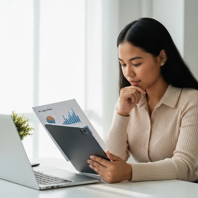 Person reviewing financial documents and graphs on a tablet and laptop, symbolizing mortgage rate analysis