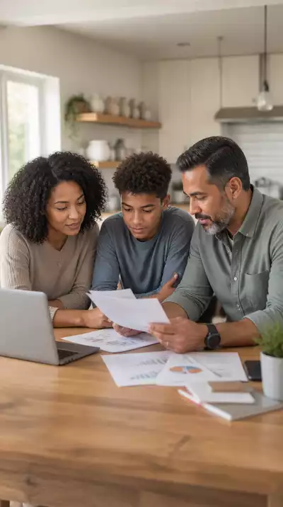 Family discussing financial options at a kitchen table with a laptop and documents, representing making informed decisions.