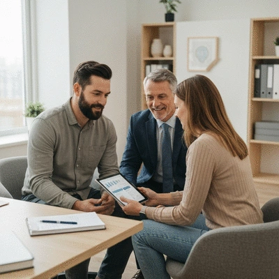 Couple discussing mortgage options with a financial advisor, looking at documents