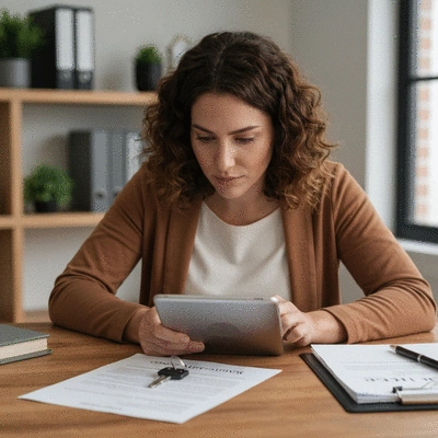 Person using a tablet to research mortgage options with a house key and financial documents on a table