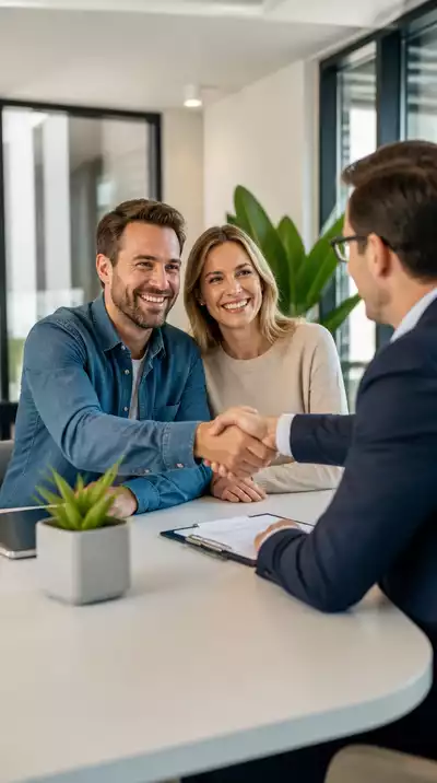Happy couple reviewing documents with a mortgage broker, smiling and shaking hands, representing successful mortgage approval