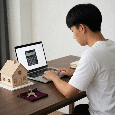 Person using a mortgage calculator on a laptop, with a house model and keys on a desk, no text, no words, no typography, 8K, clean image